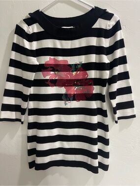 Soft Surroundings Black and White Striped Crewneck Sweater with Red Floral SZ M